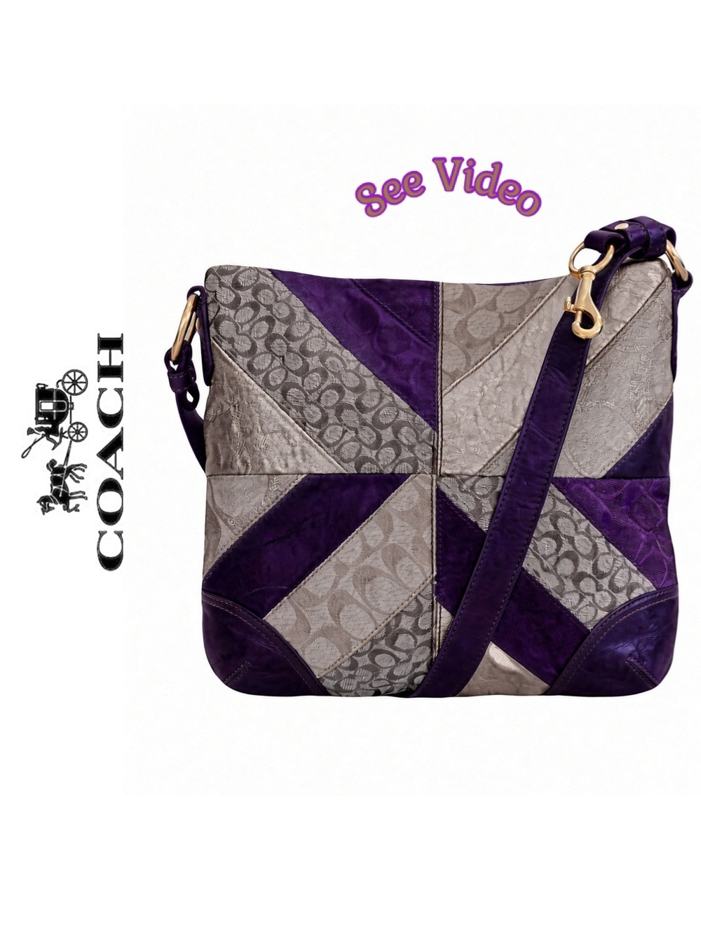 🐴 Coach Vtg F17706 Gallery Signature Patchwork Purple Leather Suede Shoulder Bag
